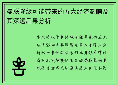 曼联降级可能带来的五大经济影响及其深远后果分析